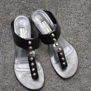 Balenciaga Black Leather Studded T-Strap Sandals